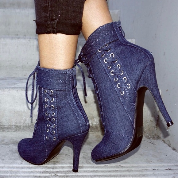 Shoes - Denim Lace-Up Peep Toe Booties 💙
